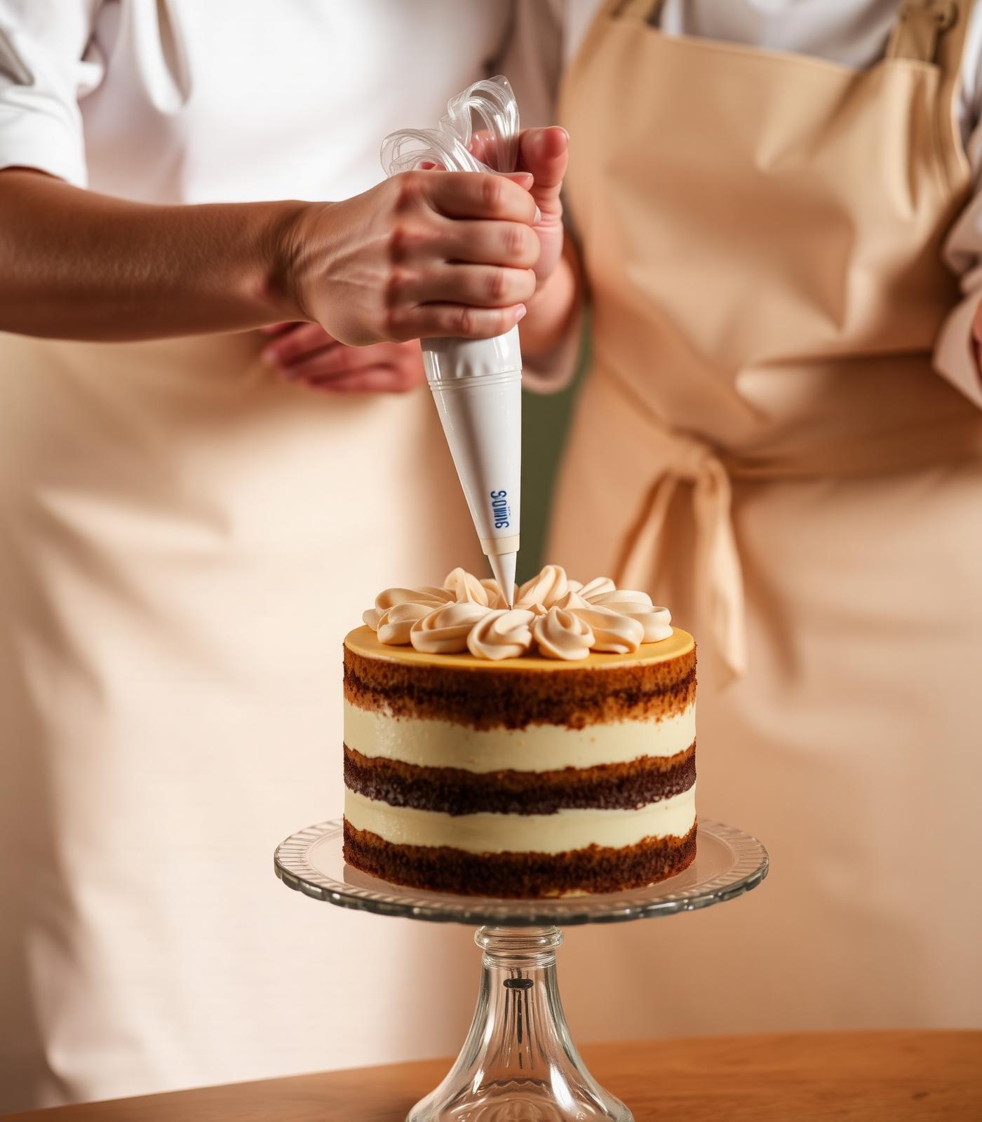 Mains de pâtissière décorant un gâteau