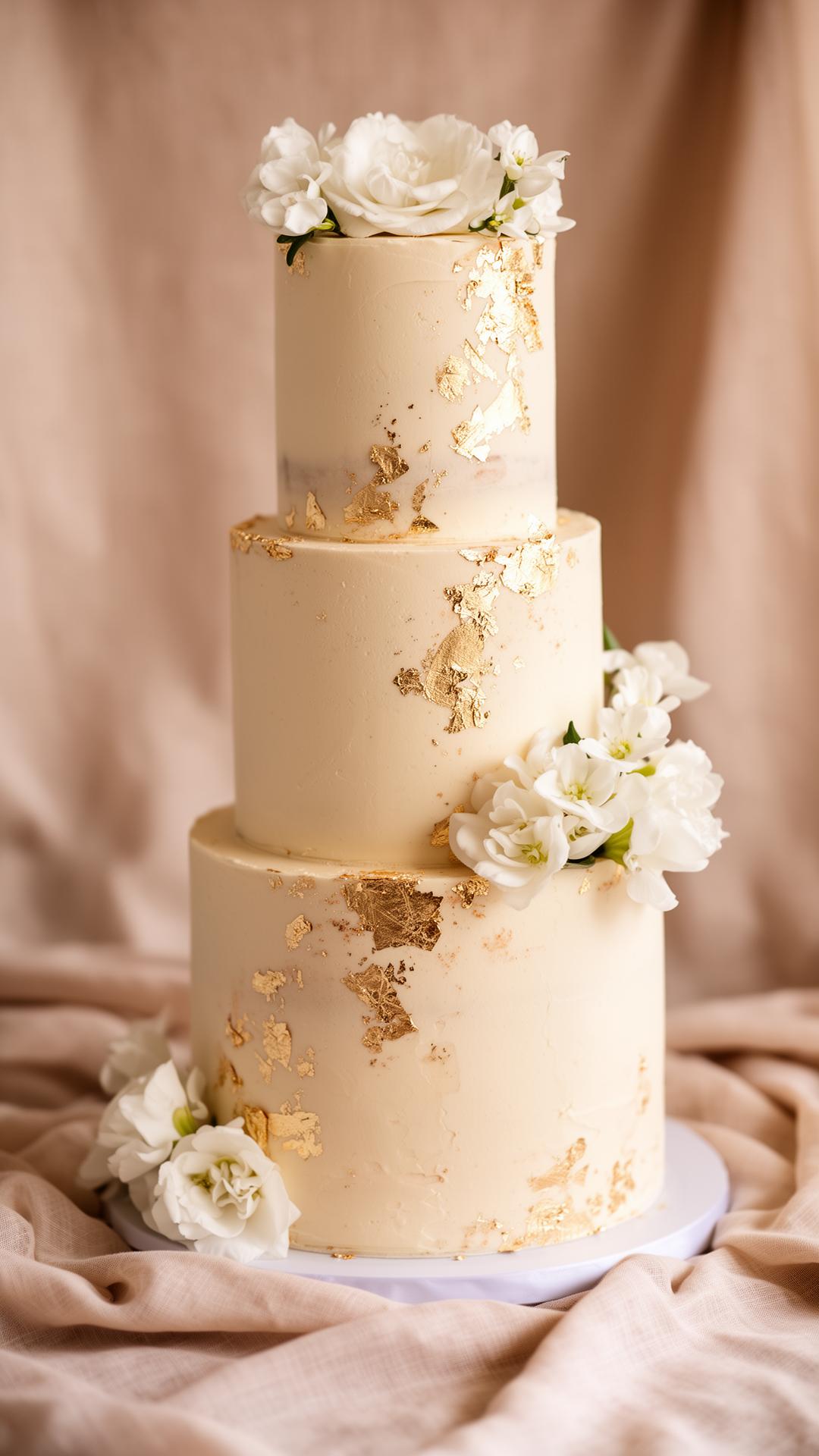 Gâteau de mariage à trois étages, crème ivoire et feuille d'or